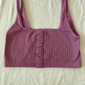 Anthropologie purple ribbed button up short cropped top. Size: L/XL